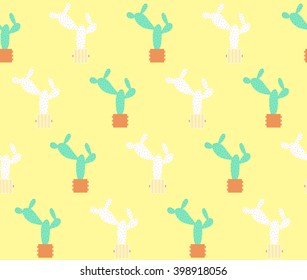 Abstract cute green and white cactus with pot on yellow background pattern seamless backdrop wallpaper. Vector image
