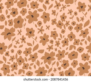 Abstract Cute Hand Drawing Mono Retro Flowers and Leaves Seamless Vector Pattern Isolated Background