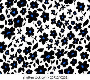 Abstract Cute Hand Drawing Mono Retro Flowers and Leaves Seamless Vector Pattern Isolated Background