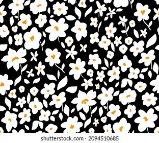 Abstract Cute Hand Drawing Mono Retro Flowers and Leaves Seamless Vector Pattern Isolated Background