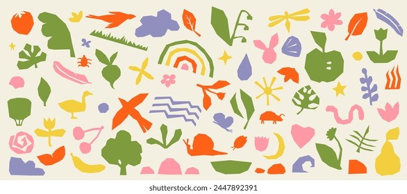 Abstract cute hand drawn nature organic shapes. Colorful background with doodle nature forms. Set of colored drawn objects in vector