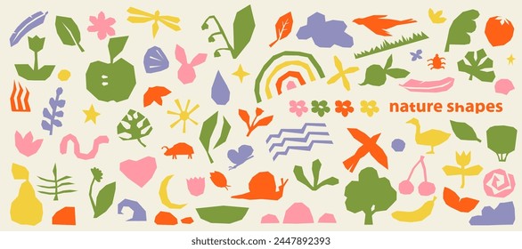 Abstract cute hand drawn nature organic shapes. Colorful background with doodle nature forms. Set of colored drawn objects in vector