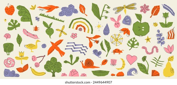 Abstract cute hand drawn nature organic shapes with line. Colorful background with doodle nature forms. Set of colored drawn objects in vector