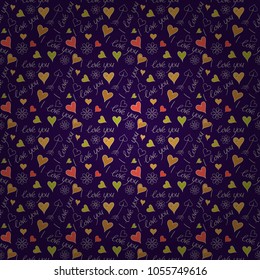 Abstract cute heart pattern with hand drawn hearts, I love you text, flower in blue, yellow and orange colors. Trendy multicolor heart pattern for fabric, textile or wrapping.