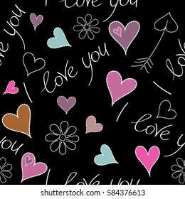 Abstract cute heart pattern with hand drawn hearts, I love you text and chamomile flower in pink and violet colors. Trendy multicolor heart pattern for fabric, textile or wrapping on black backdrop.