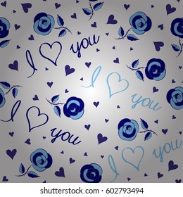 Abstract cute heart pattern with hand drawn hearts, love text, and rose flower in blue colors. Trendy multicolor heart pattern for fabric, textile or wrapping on white backdrop.
