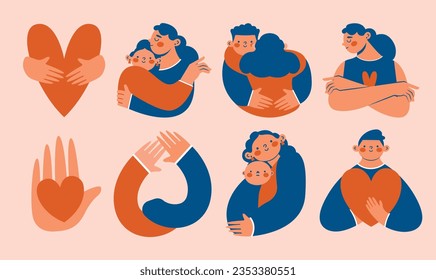 Abstract cute illustrations with friends, mother and child, lovers, persons are standing, hugging, posing together. Hand drawn cartoon characters. Togetherness, friendship, motherhood concept. 