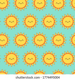 Abstract Cute Kawaii happy Sun. Smiling face emotion. Repeating Vector minimalistic icon. Square Seamless Pattern. Blue background. Wallpaper. Perfect for textile or other prints