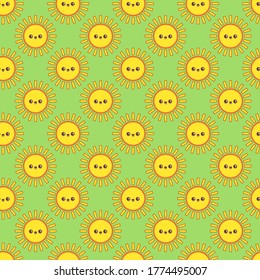 Abstract Cute Kawaii happy Sun. Smiling face emotion. Repeating Vector minimalistic icon. Square Seamless Pattern. Green background. Wallpaper. Perfect for textile or other prints