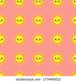 Abstract Cute Kawaii happy Sun. Smiling face emotion. Repeating Vector minimalistic icon. Square Seamless Pattern. Pink background. Wallpaper. Perfect for textile or other prints