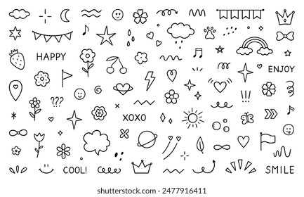 Abstract Cute kids doodle elements. Hand drawn decorative illustrations in sketch style. Arrows, stars, flowers, hearts, decoration symbols and signs. Vector illustration isolated on white background.