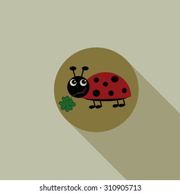 Abstract cute ladybug with clover, portrait, long shadow background, St Patrick's day