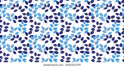 Abstract, cute leaves branches intertwined into a seamless pattern. Blue bright creative leaf stems patterned on a white background. Vector hand drawing. Collage for printing, design, fabric