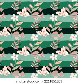 Abstract cute leaves and flower seamless pattern. Beautiful floral wallpaper. Cute plants endless backdrop. Design for fabric, textile print, wrapping paper, cover. Vector illustration
