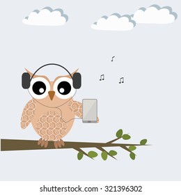 Abstract cute owl with smartphone. Communications concept. Template for card.