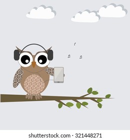 Abstract cute owl with smartphone. Communications concept. Template for card.