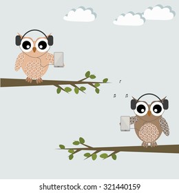 Abstract cute owls with smartphones. Communications concept. Template for card.