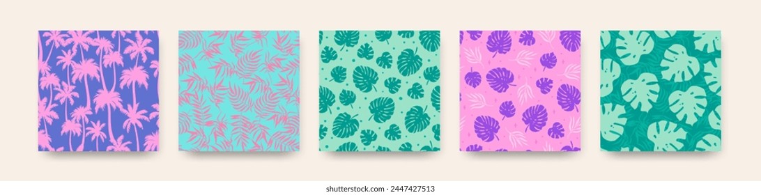 Abstract cute palm leaves seamless patterns set. Vector fresh green, pink, blue tropical leaf and palm trees print collection for fabric, summer decor, wrapping paper, natural design.