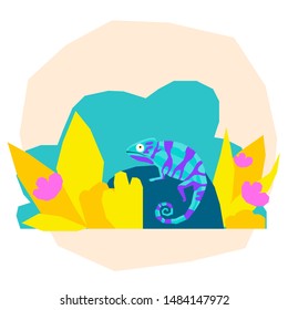 Abstract cute paper cut chameleon pattern background. Childish crafted chameleon for design birthday card, veterinarian clinic poster, pet shop sale advertising, bag print etc.  