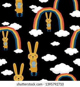 Abstract cute paper cut rabbit seamless pattern background. Childish crafted rabbit for design birthday card, veterinarian clinic poster, pet shop sale advertising, bag print etc.  