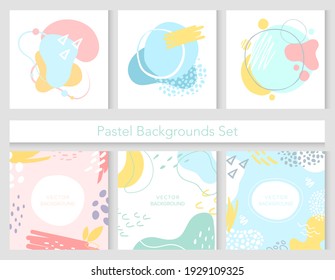 Abstract cute pastel background and texture vector illustration set. Geometric shapes forms lines creative collection, minimal stylish abstraction cover template for social media stories, branding