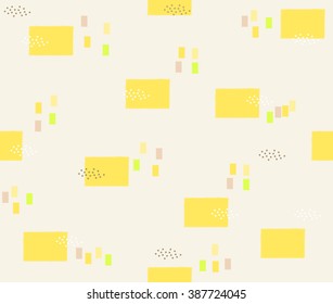 Abstract cute pastel geometric square design with yellow purple cream green and polka dots on smooth background pattern seamless wallpaper. Vector image