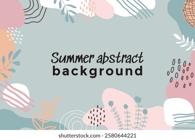 Abstract cute pastel summer background. Hand drawn various geometric organic shapes, lines, spots, drops, curves. Minimalist design template for stories, banner, poster, branding. Vector illustration