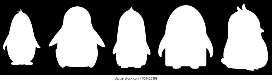 Abstract cute penguins set silhuettes in cartoon style isolated on white background. Funny image illustration.