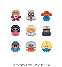 Abstract cute people male and female characters pixel art icons set, design for logo, sticker, web, mobile app, isolated vector illustration. Game assets 8-bit sprite. 