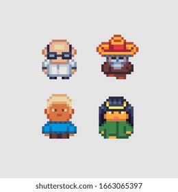 Abstract cute people male and female characters pixel art icons set, design for video games, logo, sticker, web, mobile app, isolated vector illustration. Game assets 8-bit sprite. 
