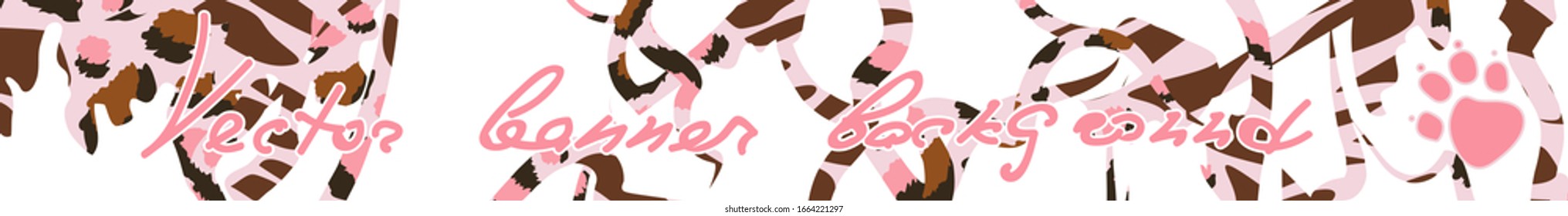 Abstract cute pink safari full banner template. Leopard style spots, animal paw and handwritten lettering Vector banner template on white background. Vector web site banner.
