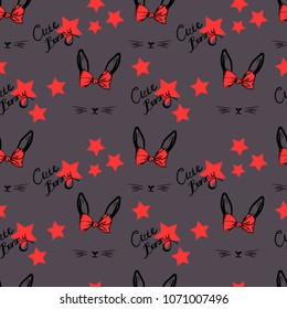 abstract cute rabbit with bow face pattern in red colors on black background