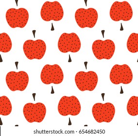 Abstract cute red apple with dots design on white background pattern seamless backdrop wallpaper. Vector image 