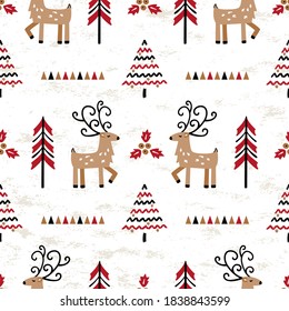 Abstract Cute Reindeer in Winter Forest Background. Vector Christmas Seamless Pattern with Cartoon Doodle Deers and Christmas Trees. New Year Holiday Wallpaper, Wrapping Paper