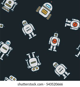 Abstract Cute Robot Seamless Pattern Minimal Color Flat Line Stroke Icon Pictogram Symbol Illustration on Black Background
