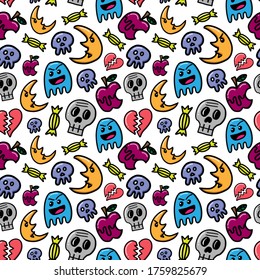 Abstract Cute Scary Ghost Skull Halloween Seamless Pattern Doodle Design