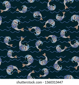 Abstract Cute seal animal is sleeping Vector seamless pattern