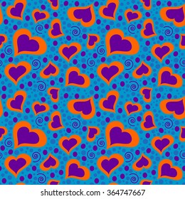 Abstract cute seamless heart pattern in violet, orange and blue colors