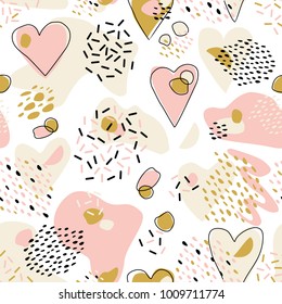 Abstract  Cute seamless pattern with chaotic painted Hearts. Valentine's day vector texture with hand drawn Hearts and with different lines, dots and shapes.