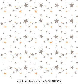 Abstract cute seamless pattern with colorful chaotic small circles and stars on white. Infinity geometric pattern. Vector illustration.