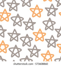 Abstract cute seamless pattern with colorful chaotic small orange, beige stars on white. Infinity messy confetti geometric pattern. Vector illustration.