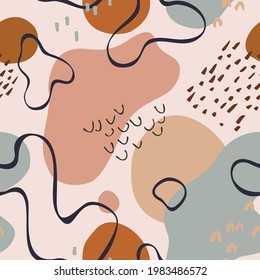 Abstract cute seamless pattern: organic geometric shapes, doodle textures in silhouettes, line art. Vector natural curved forms for print, textile, fabric, wallpaper minimal design, summer background