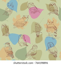 Abstract cute seamless pattern with a painted owls