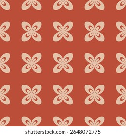 Abstract cute seamless pattern. Simple vector floral ornament with flower silhouettes in regular grid. Vintage old-fashioned summer texture. Retro nostalgic red and beige background. Repeating design