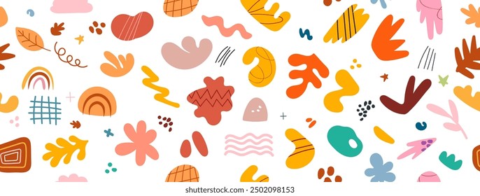 Abstractas forma linda doodle divertido dibujado a mano en patrón de fondo sin fisuras. Otoño Diversión ilustración para niños diseño de patrones.