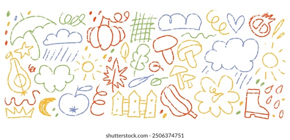 Abstractas forma linda doodle dibujado a mano ilustraciones de otoño. Elementos infantiles con textura de lápiz. Vector de colecciones de artículos aislados.