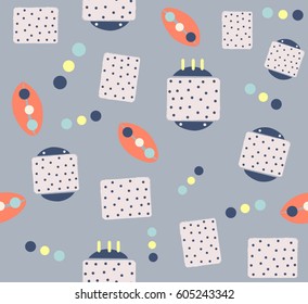 Abstract cute spacecraft cartoon with geometric square circle oval and dots design on blue background, pattern seamless backdrop wallpaper. Vector image 