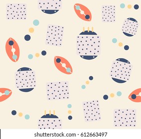 Abstract cute spacecraft cartoon with geometric square circle oval and dots design on smooth background pattern seamless wallpaper backdrop. Vector image