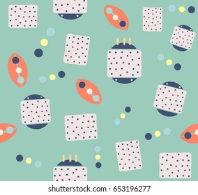 Abstract cute spacecraft cartoon with geometric square circle oval and dots design on green background pattern seamless backdrop wallpaper. Vector image