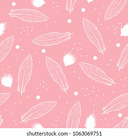 Abstract cute texture with feathers by hand drawing. Vector seamless pattern. Trend color.